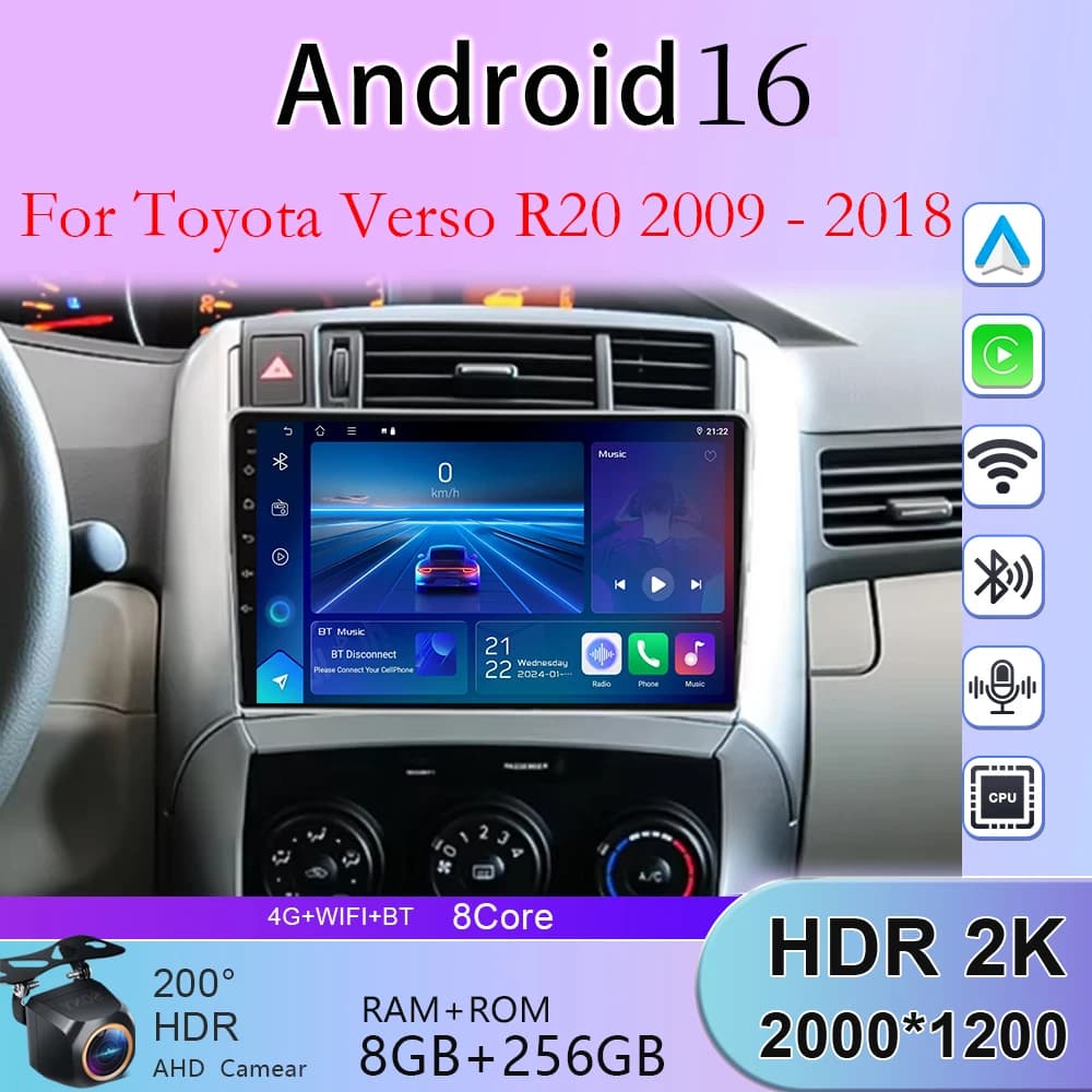 Android Auto Car Radio GPS For Toyota Verso R20 2009 2010 2011 2012 2013 2014- 2018 Wireless CarPlay 8Core Multimedia Stereo RDS