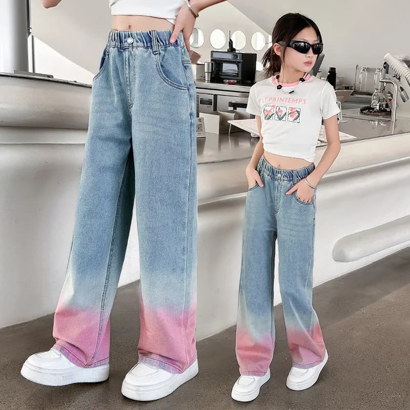 2025 Big Teens Girl Tencel Jeans a gamba larga Bambini Ragazze Sfumatura di colore Pantaloni in denim Bambini Outwear Pantaloni lunghi Abbigliamento ragazza