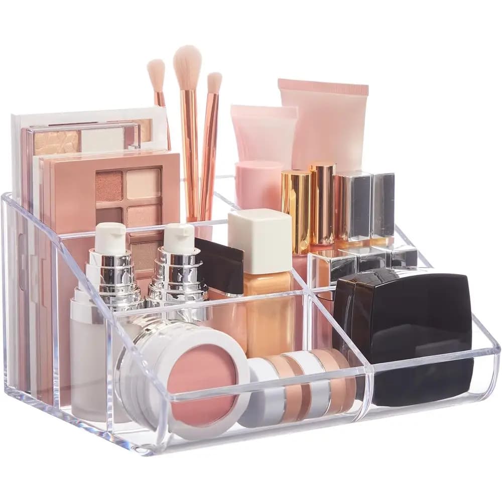 6-Compartment Clear Plastic Makeup Organizer for Brushes, Eyeshadow Palettes, and Beauty Accessories with Curved Front Design, H