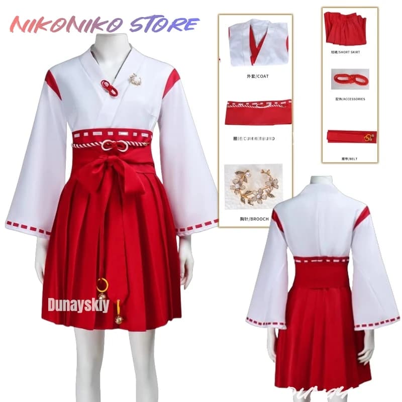 Silent Cosplay Hill ssi3) - Abito kimono giapponese rosso-bianco Cintura con fiocco e accessori a campana, abito da festa per Halloween