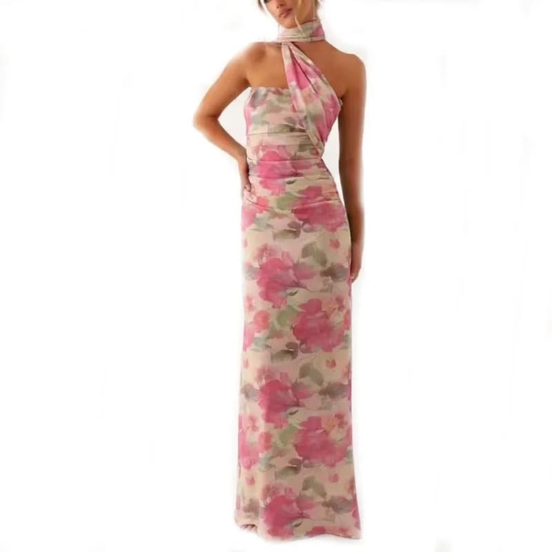 2026 New Women Floral Tube Maxi Dress with Scarf Y2k Strapless Backless Mesh Long Bodycon Dresses Cocktail Party Sundress