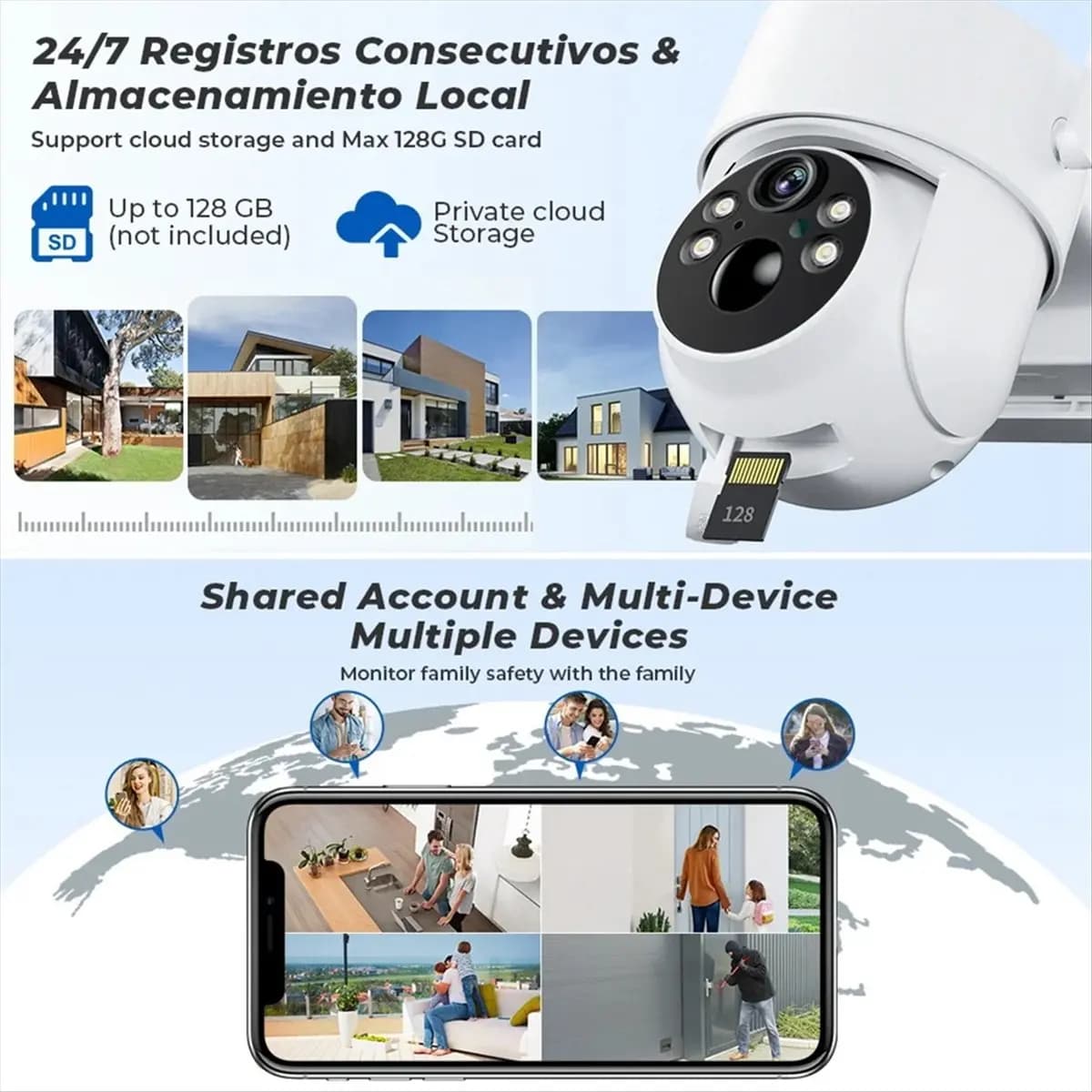 Telecamera di sicurezza solare WiFi PTZ a doppia lente 4MP HD con batteria integrata e pannello solare, allarme wireless, spina USA