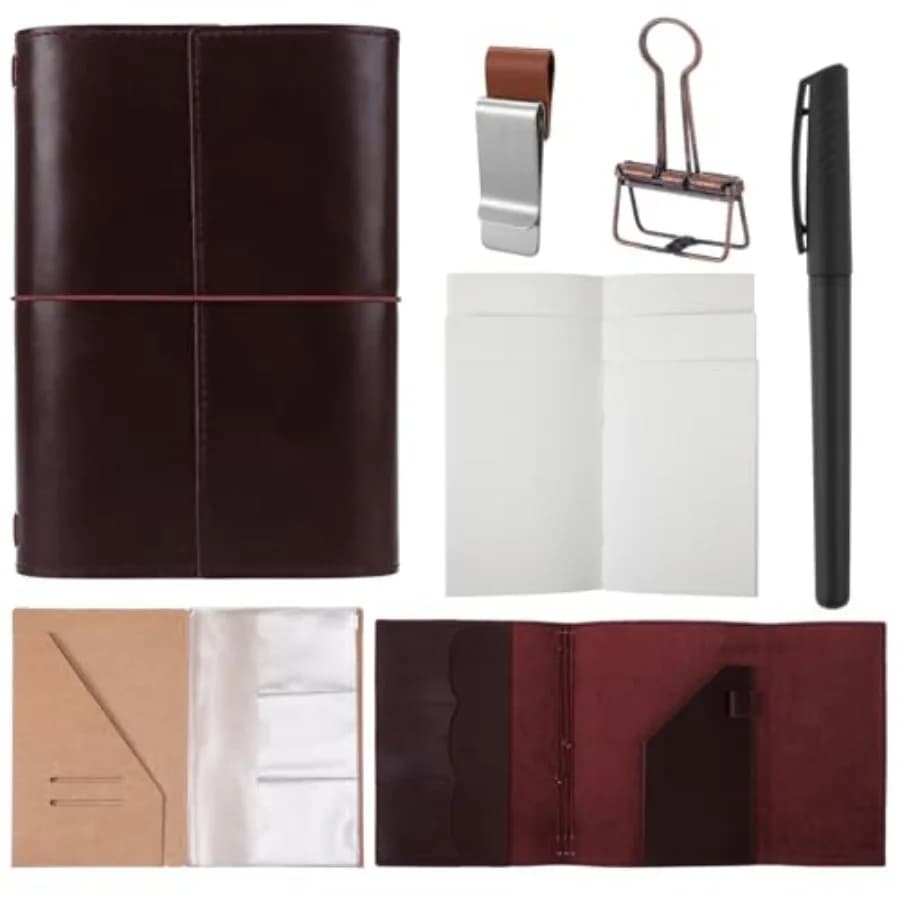 Eaasty Genuine Refillable Leather Notebook Set A5 Red Brown Travel Diary Journal with Pen Holder, Card Slots, 3 Refills, PVC Po