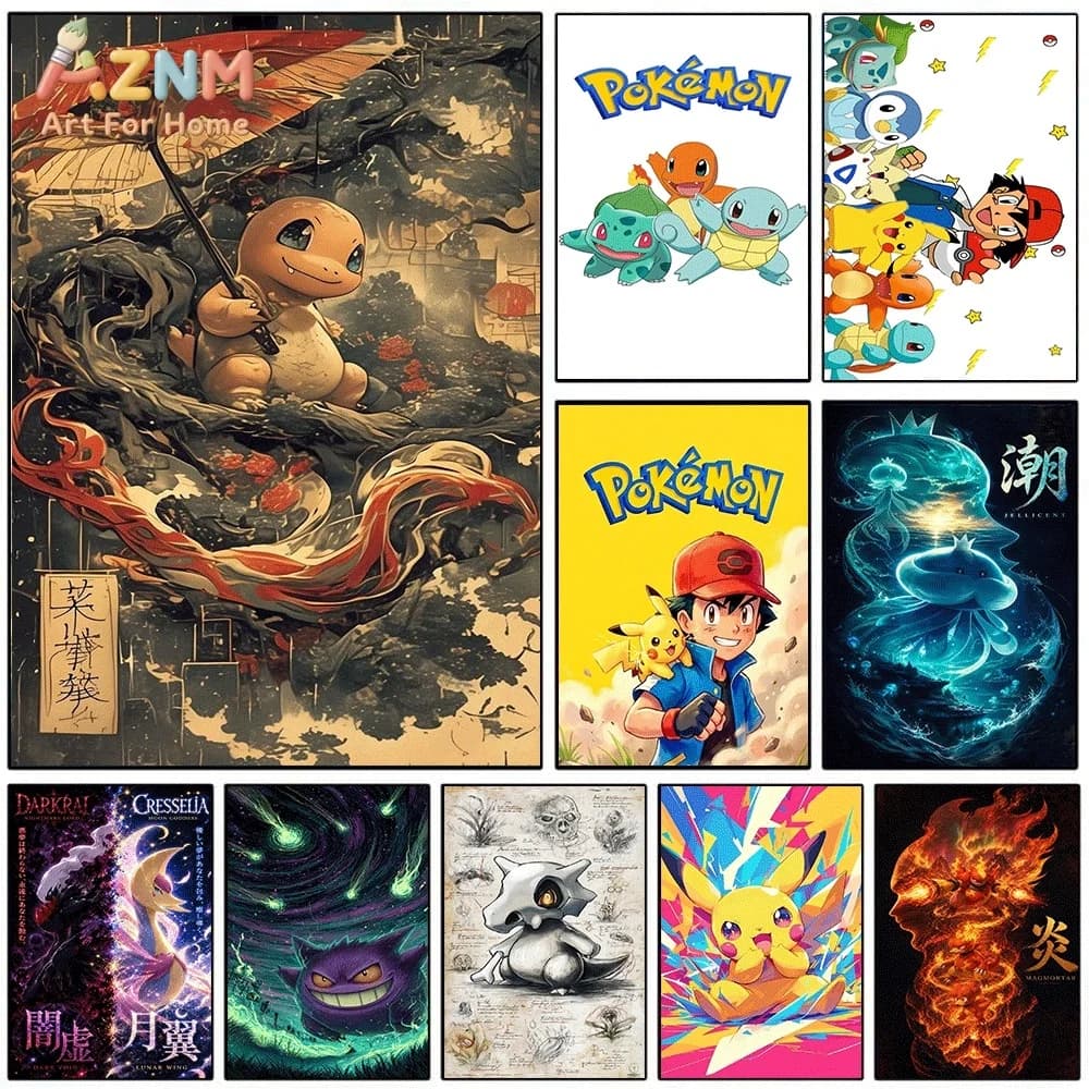 Anime Pokemon Charmander Retro Chinese‑style Canvas Wall Art, Fire‑type Pocket Monster Cartoon Frameless Canvas Painting for K