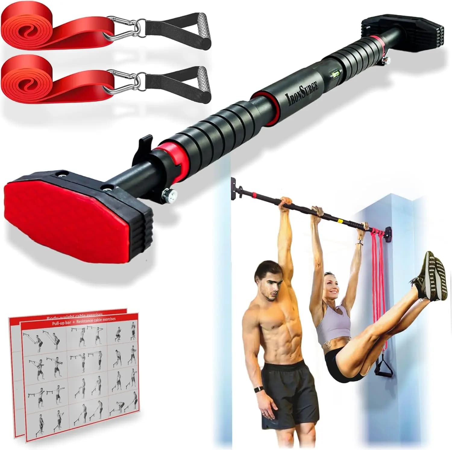 45"-53" traction bar for corridor or door Set of 6 pieces with two straps/hands of connectable resistance, training manuals