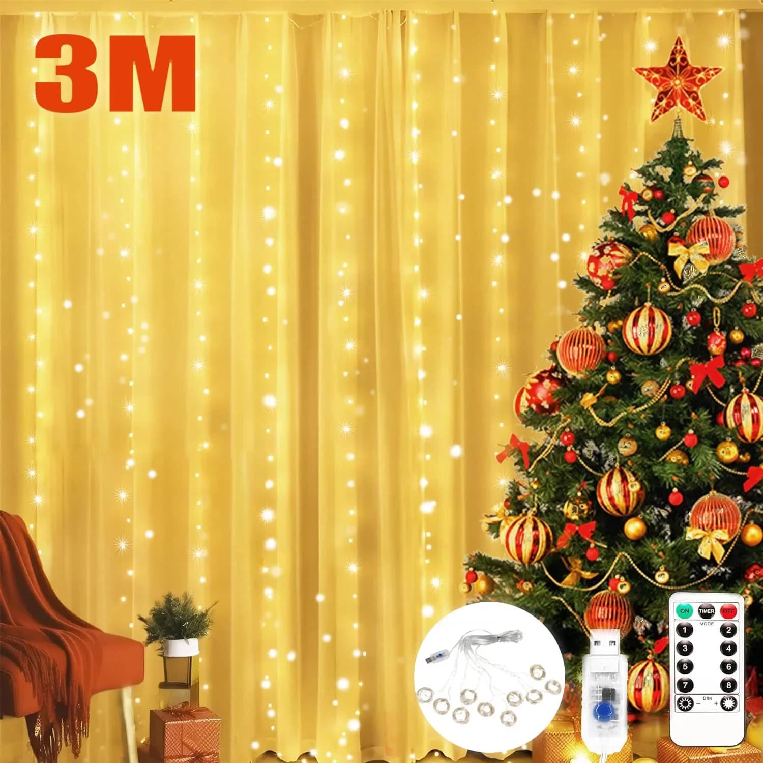 3M LED Tenda Ghirlanda Fata Luci della stringa Festa di Natale Decorazione di nozze Telecomando USB 8 modalità Illuminazione a cascata