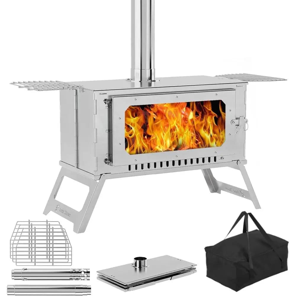 Stufa Portatile da Campeggio in Acciaio Inox con 5 Tubi per Canna Fumaria, 3 Ripiani e Vetro Trasparente per Riscaldamento, Cucina e Bagno all'Aperto