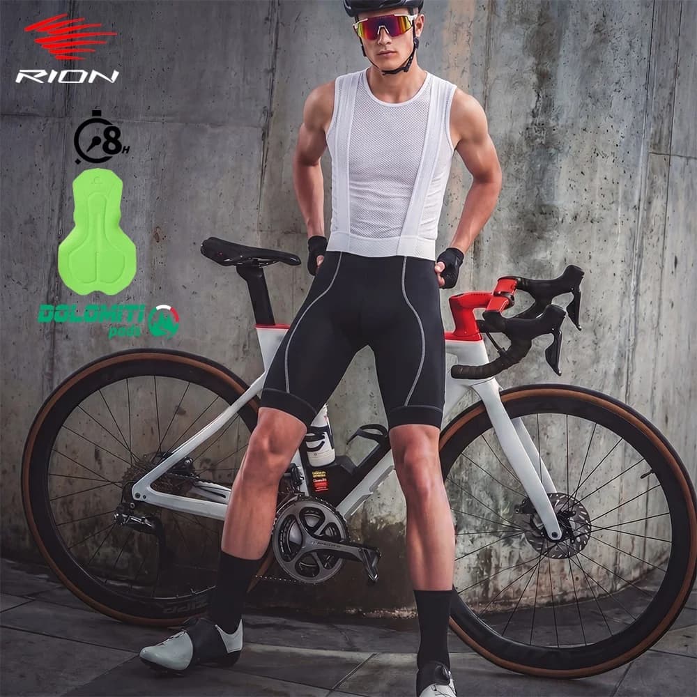 RION Pantaloncini da Ciclismo da Uomo, per Bici da Strada e MTB, Abbigliamento Professionale per Ciclismo Notturno, Protezione UPF 50+, Imbottitura Dolomiti 5H 8H, Attrezzatura per Bicicletta