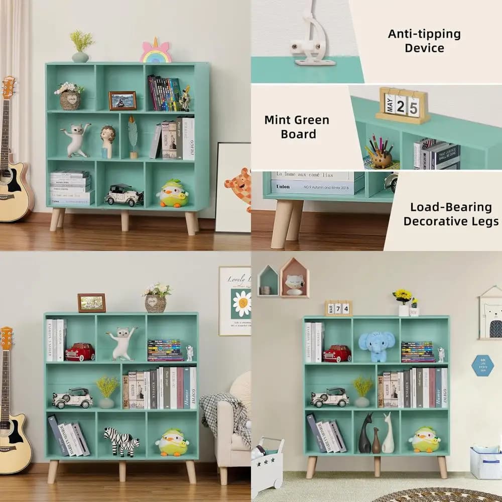 Bookcase for children at 3 levels green mint with legs, nice organizer with large open shelves, ideal for toys, books and exposure