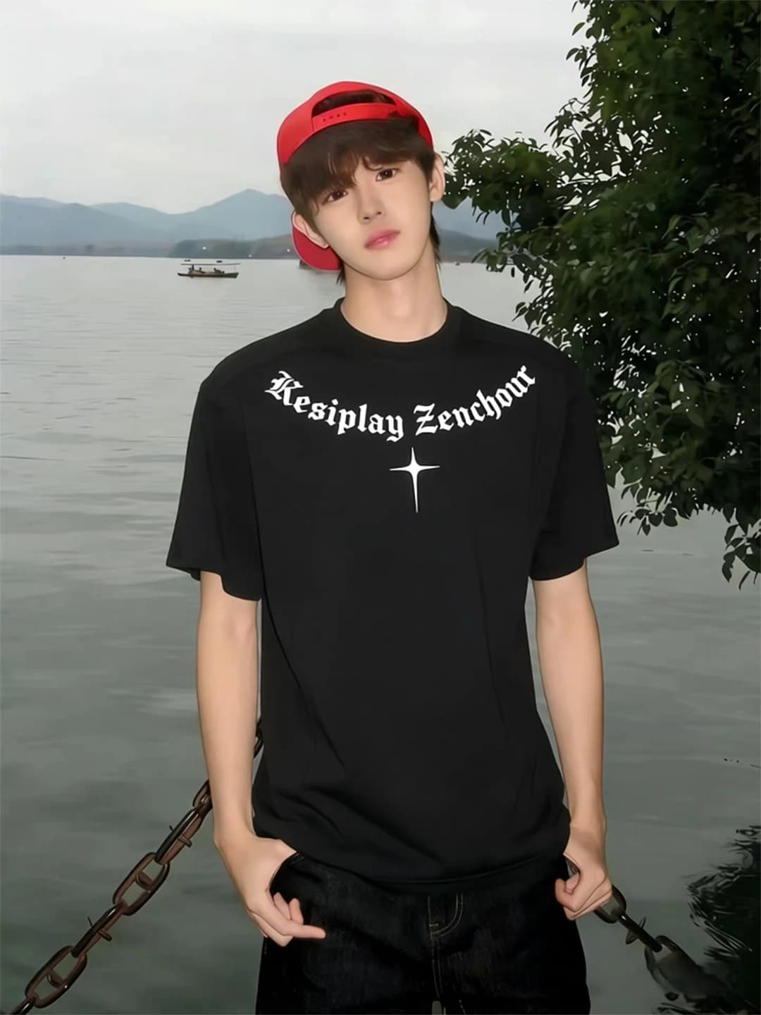 Black Letter Print Short Sleeve Men's T-shirt Summer American High Street Patchwork Shoulder Breathable Loose Fit round Neck