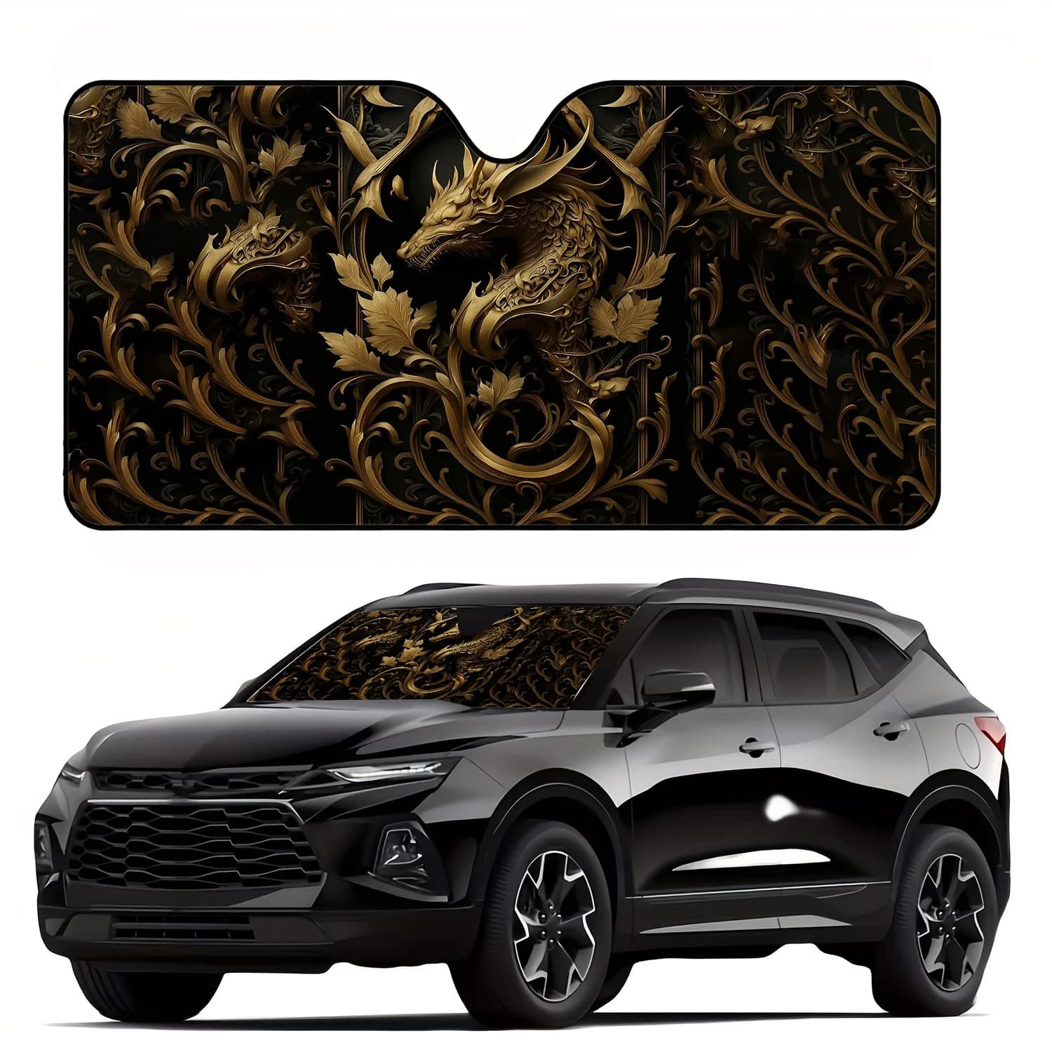 Oriental Mythical Dragon Pattern Car Windshield Sun Shade Gilded Vine Print Design UV Protection Stylish Easy to Install