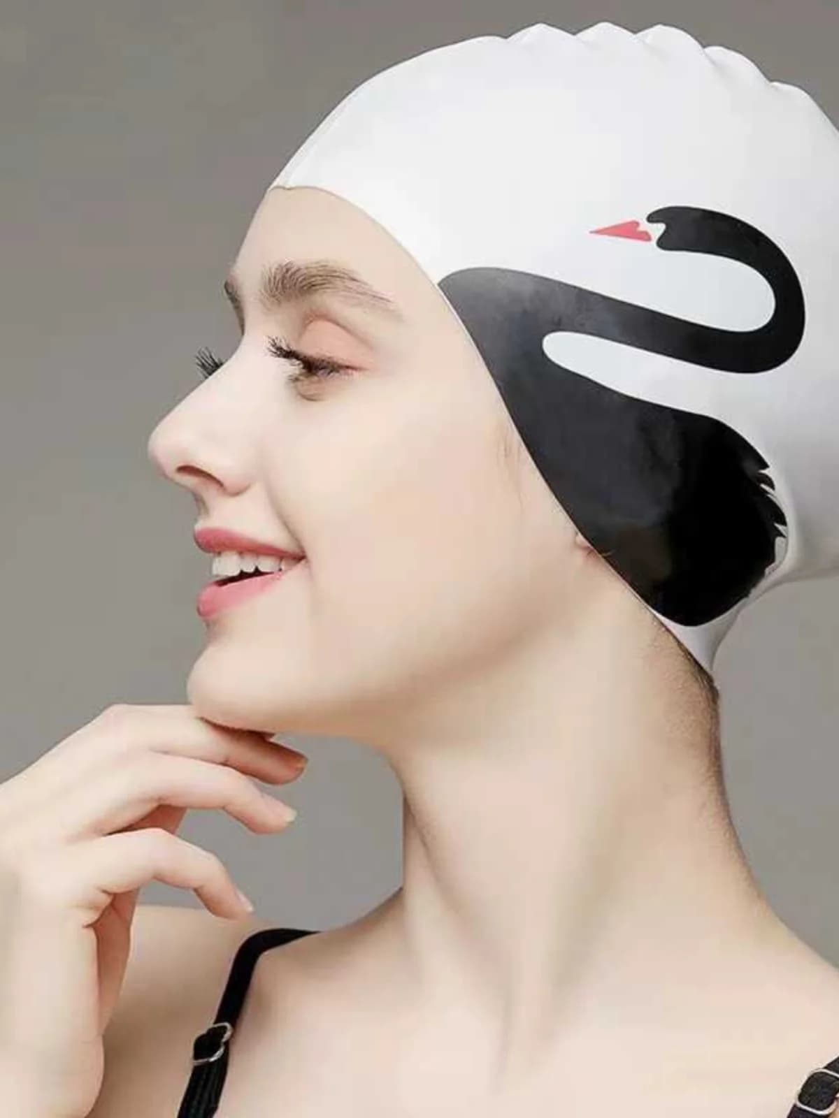 Women's Silicone Swimwear with Printing Swan, Long Hair Guard, Comfortable, Not Street, Waterproof