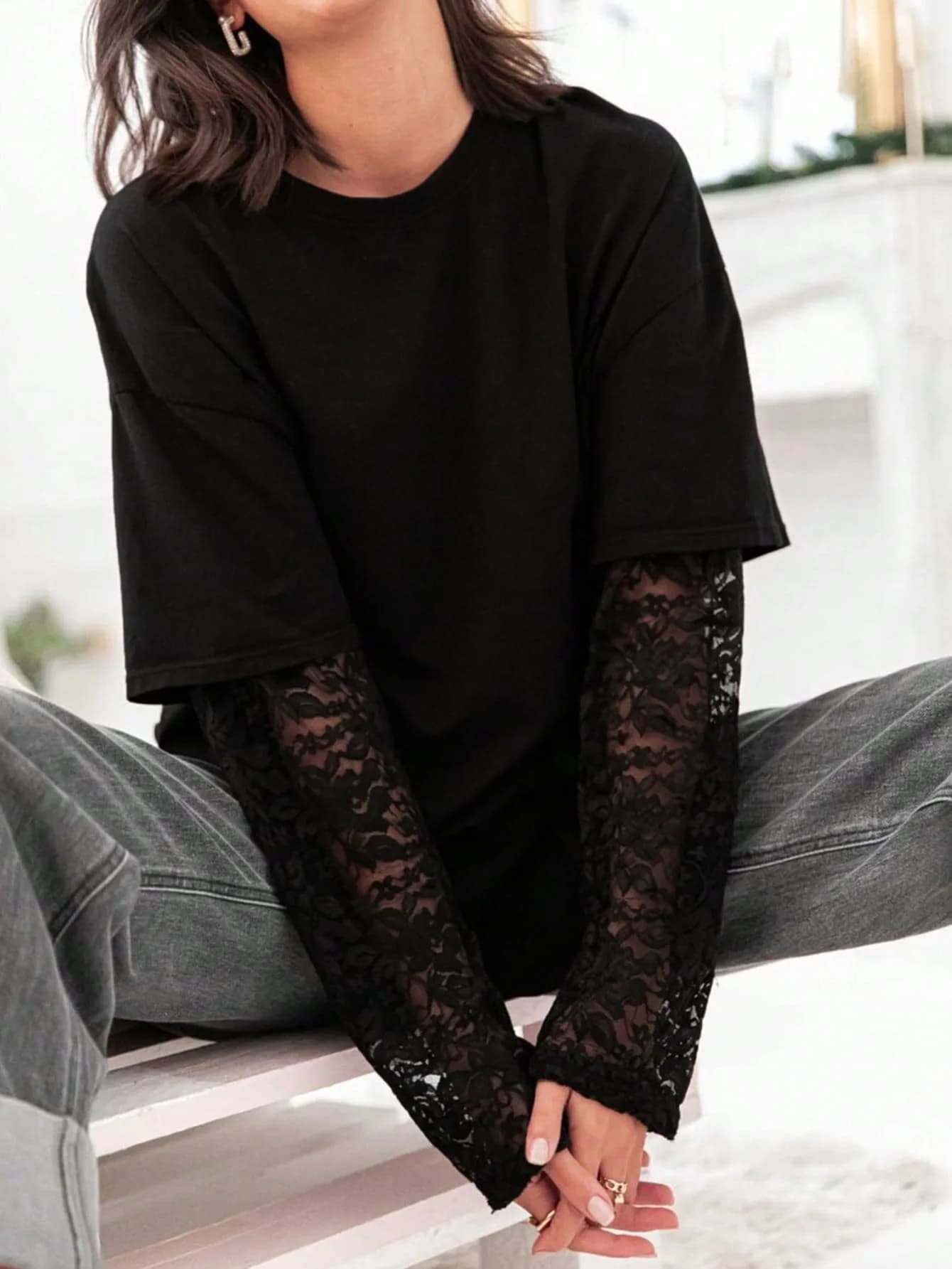 T-shirt da donna a maniche lunghe con top in pizzo sciolto tinta unita moda primavera, estate e autunno