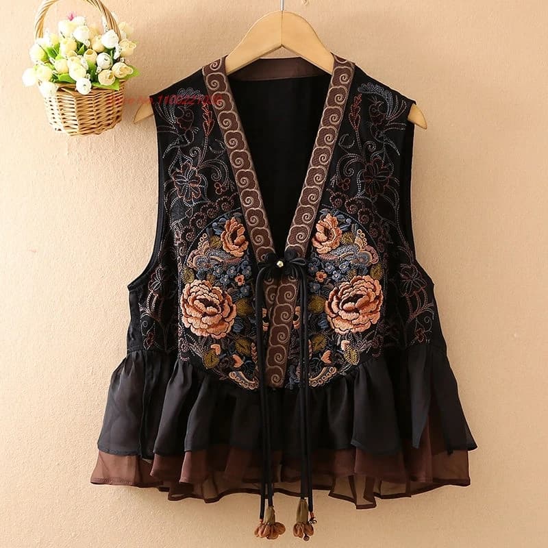 2026 chinese vintage satin jacquard vest traditional v-neck vest national flower embroidery vest oriental sleeveless jacket