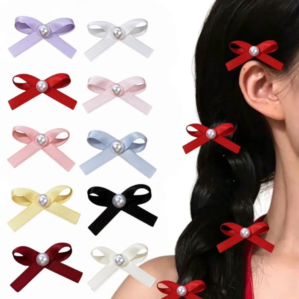 100PC Solid Ribbon Bow Hair Clips with Pearl Ladies Side Hairgrips for Women And Girls Hair Accessories Kids Headwear Bulk Pack