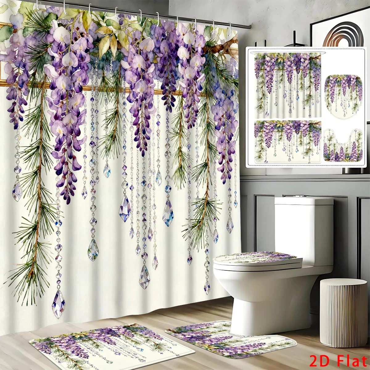 2D Flat, 4pcs Floral 2D Bathroom Set, High-quality Bathroom Decorations and Accessories Including a Non-slip Bath Mat, U-shaped Floor Mat, Toilet Seat, and Shower Curtain with 12 Hooks.