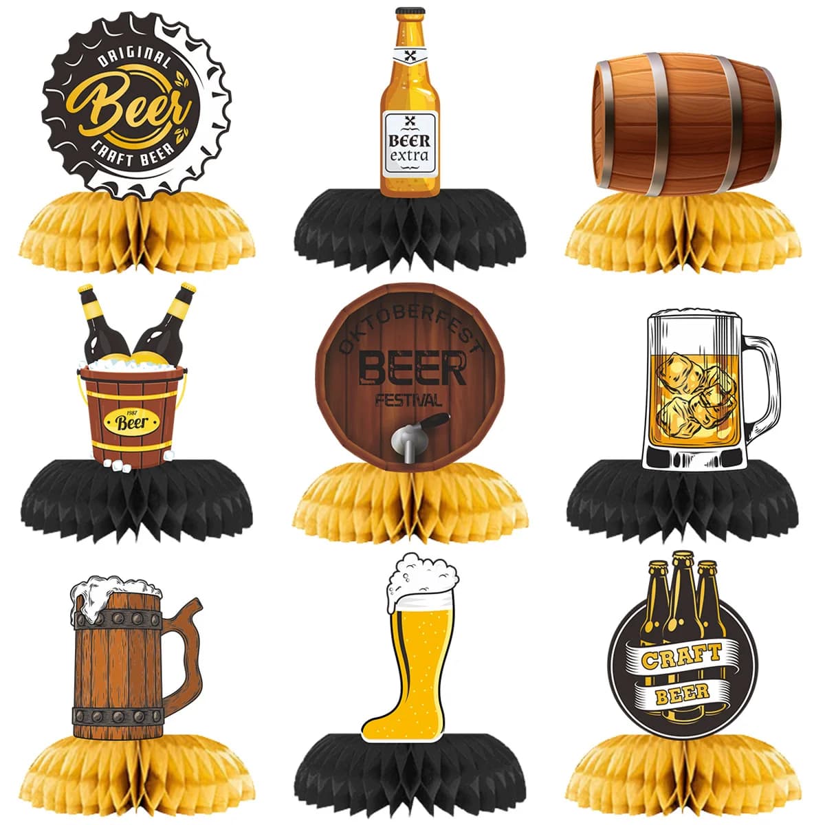 Set Decorativo per Festa di Oktoberfest con Centrotavola a Nido d'Ape e Arnia, Boccali da Birra, Barili di Vino, Collezione di Nove Pezzi
