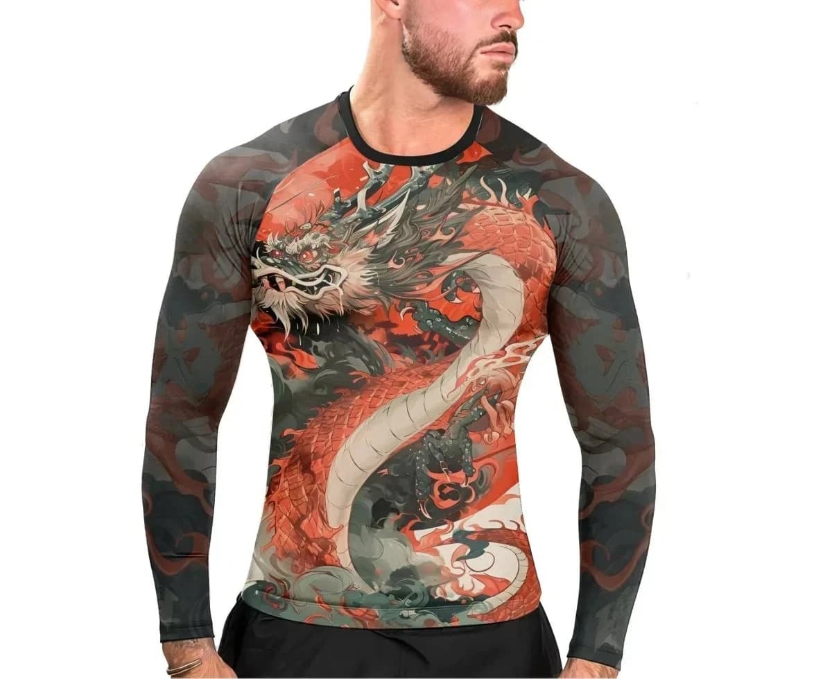 T-shirt estiva da uomo con protezione solare ad asciugatura rapida, resistente all'usura, con motivo drago alla moda, a maniche lunghe, per allenamento e sport all'aria aperta