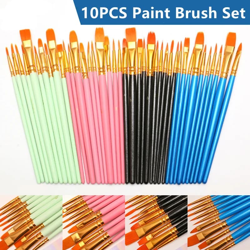 10Pcs Paint Brush Set Nylon Hair Wooden Handle Artist Professional Oil Watercolor Acrylic Painting Brushes DIY Art Supplies
