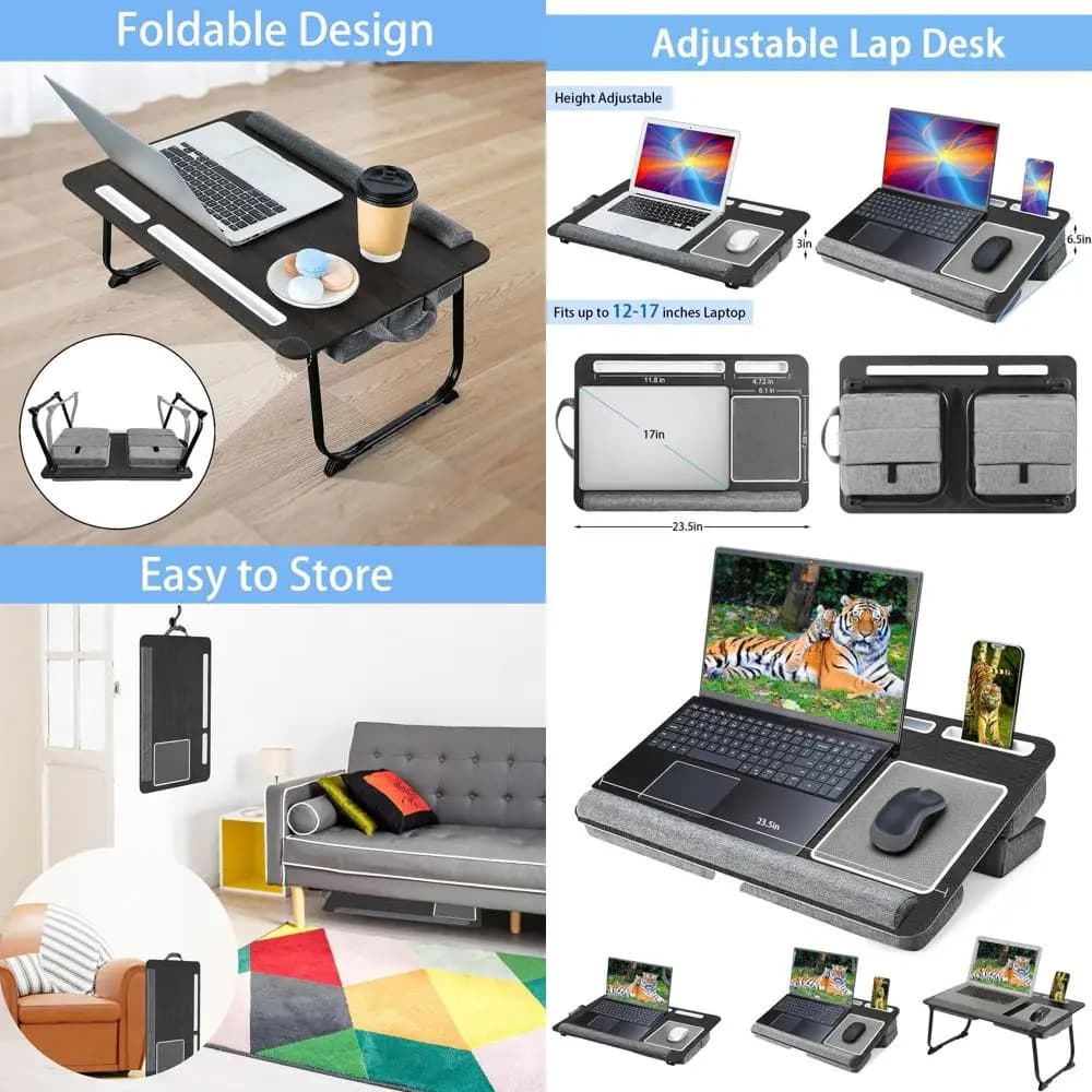 Tavolino Portatile Imbottito per Laptop fino a 17 Pollici, Supporto Regolabile con Porta Tablet, Tappetino Mouse e Supporto per Polso