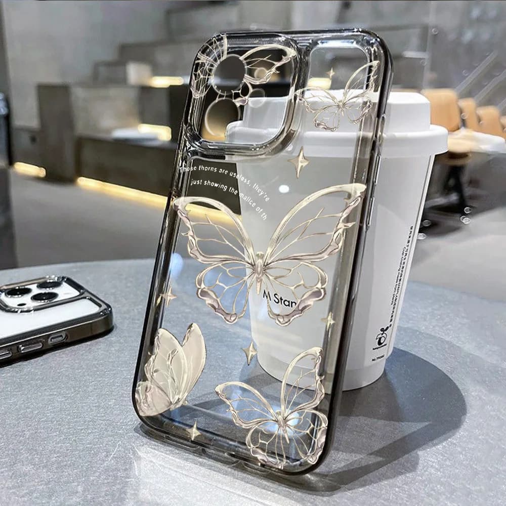 Cover Trasparente Morbida in TPU con Farfalla Dorata per iPhone 17 16 15 11 13 12 14 Pro Max 16e Air 7 8 Plus XR SE 2022 2020