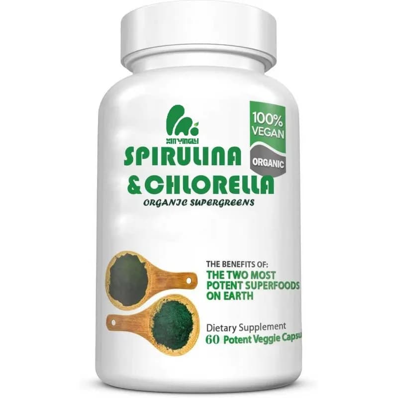 Capsules Spirulina and Clorella Contenenti Clorofilla, Polvere Proteica Pura, Superfood Verde, 60 Capsules