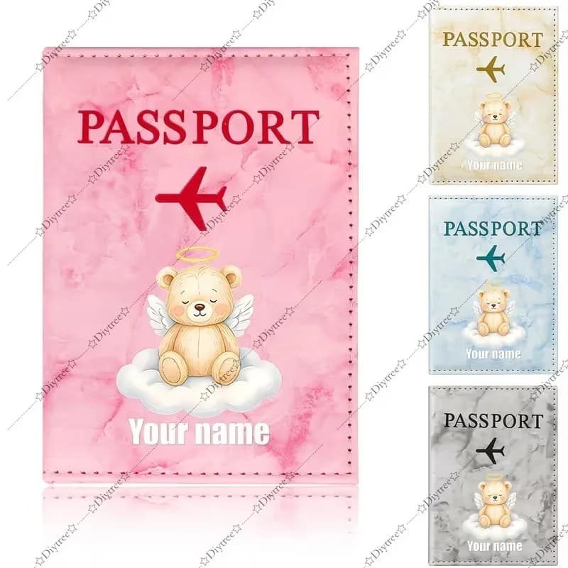 Personalized Name/Initials Angel Bear Passport Holder with Wings & Clouds - Suitable for Travel, Cute Suitable for Birthdays