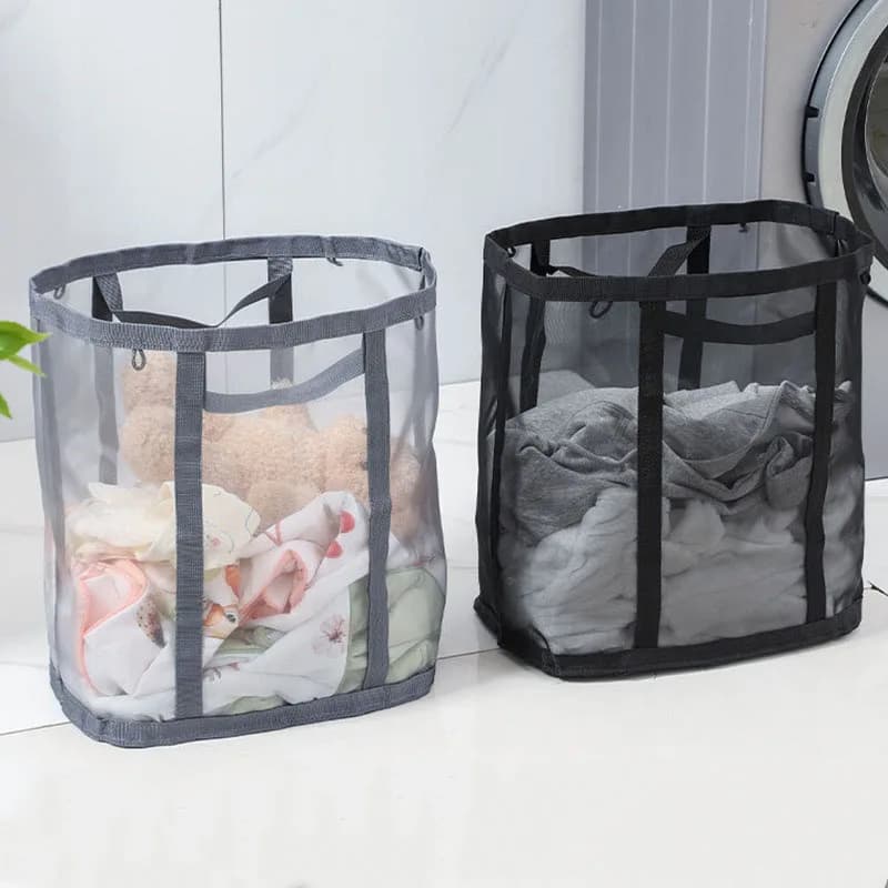 Mesh Laundry Basket with Handles, Foldable Hanging Dirty Clothes Storage Bin, Large Breathable Net Laundry Hamper for Bathroom B