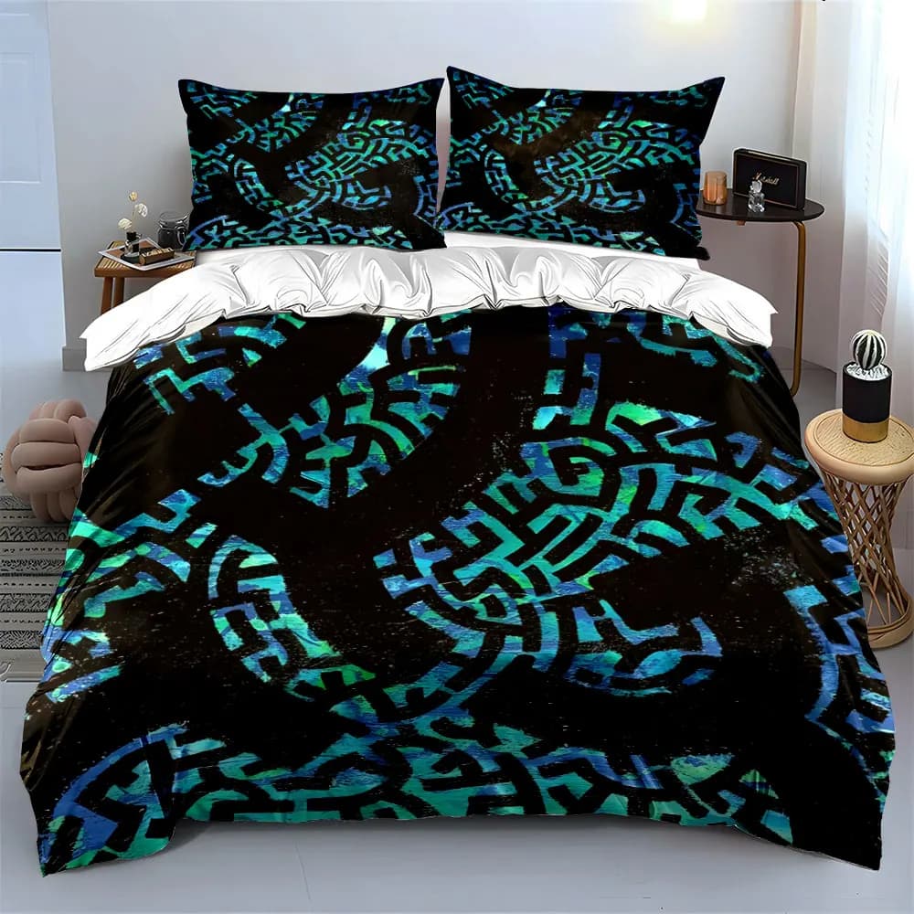 Set di biancheria da letto con motivo a labirinto astratto tribale, 3 pezzi, copripiumino con stampa a motivi verde acqua e nero + 2 federe, singolo, matrimoniale, king, queen, regalo