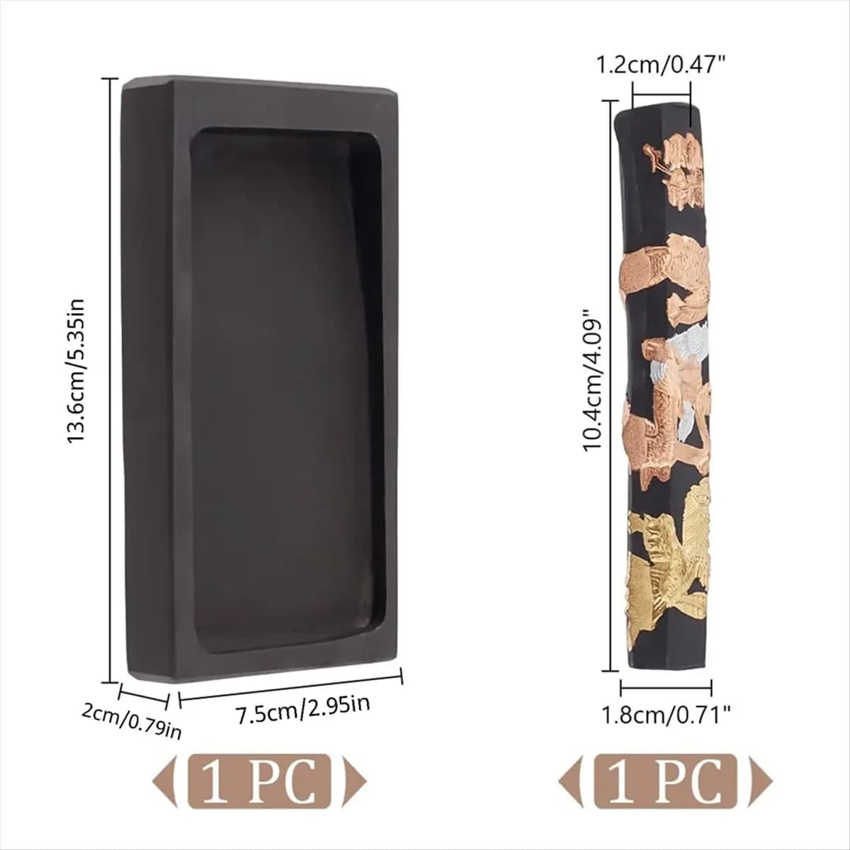 *A02R Chinese Calligraphy Inkstone with Ink Stick Rectangle Dragon Phoenix Pattern Inker Sets Traditional Chinese Ink Stones