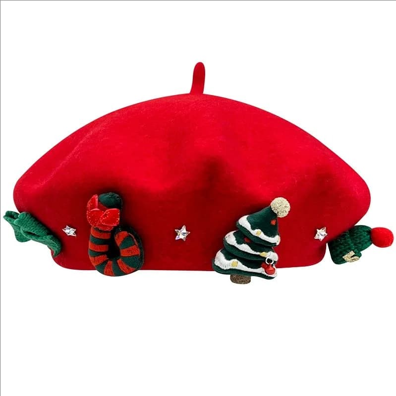 Cappello a cuffia in lana rossa con elementi natalizi dolci, adatto per il calore invernale e un versatile cappello da artista