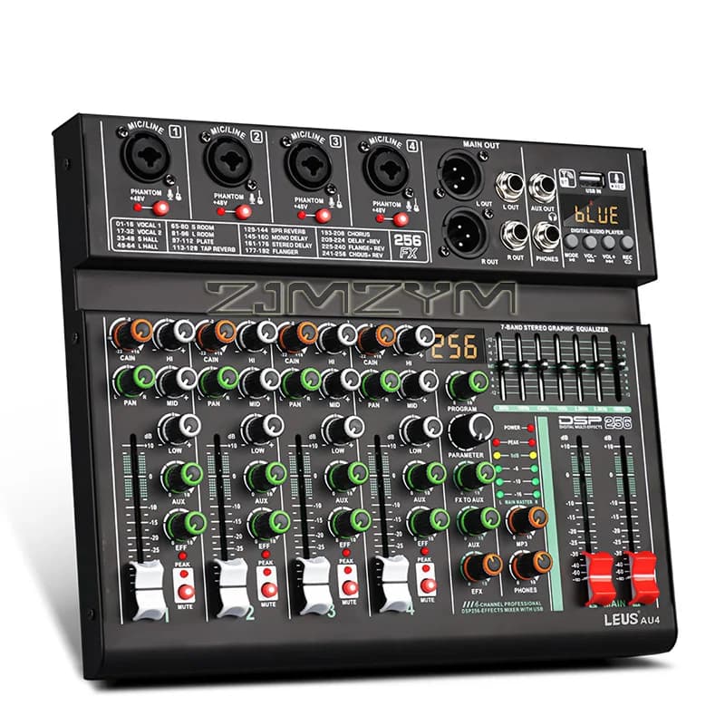 Mixer audio con effetti AU4 canali 256DSP con alimentazione phantom 48V USB Bluetooth Console DJ per PC Karaoke Mixing audio Mixer a quattro vie
