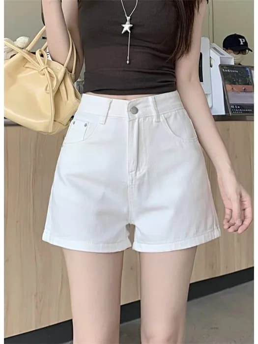 White High Waist Slimming Denim Shorts Women's Spring Summer Thin Loose A-Line Wide Leg Hot Pants Commute Style Pure Color