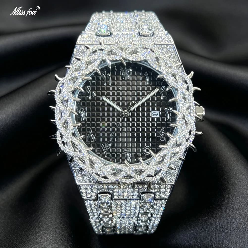 New Luxury Watch For Men Brand MISSFOX Hip Hop Lced Out Diamond Watches Fashion Hollow Out Quartz Clock 2026 Man Creativity Gift
