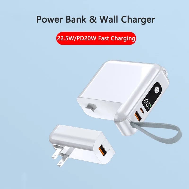Power Bank da 30000 mAh con cavo integrato e presa CA, ricarica rapida da 22,5 W per telefoni cellulari ed elettronica