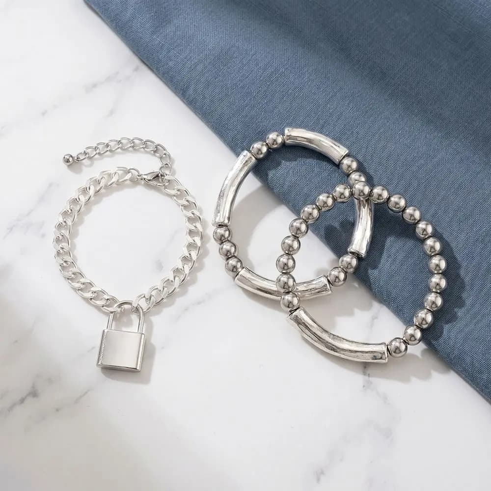 3PCS Retro Style Lock Bracelet Minimalist Design Elastic Band Stainless Steel Bracelet Three in One Set Exaggerated Punk Style