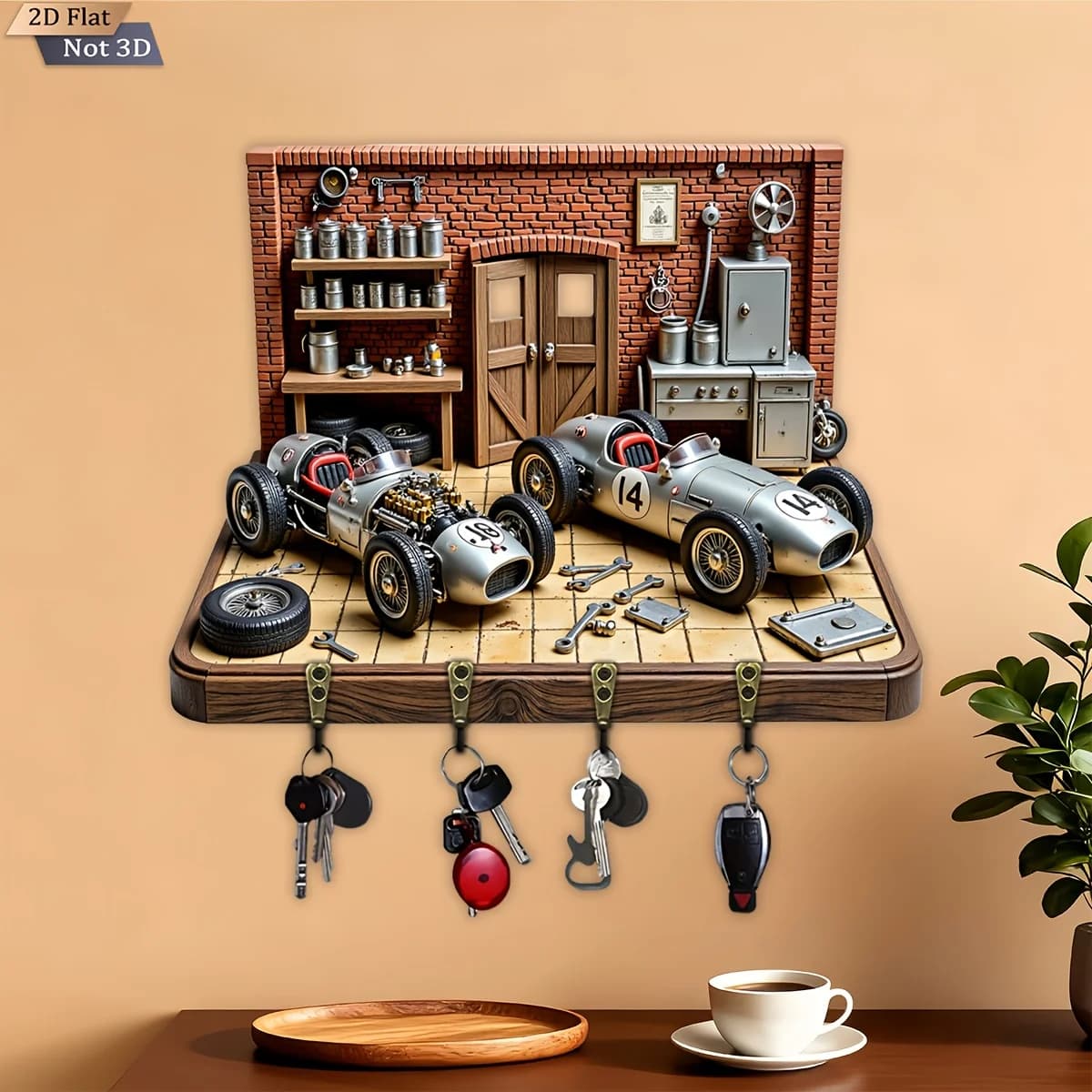 2D Flat, 1pc, Retro Racing Garage Themed Style Key Hook, Wooden Multifunctional Home Key Hanger, with Four Metal Hooks, Wall