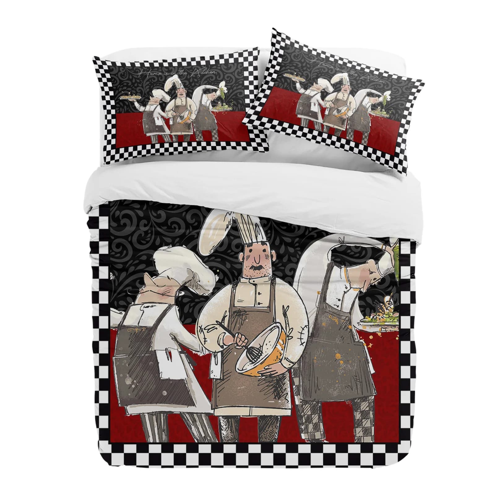 Nero Bianco Plaid Chefs Cucina Cibo Retro 3 pezzi Set di biancheria da letto per letto matrimoniale Tessili per la casa Copripiumino Copripiumino Federa