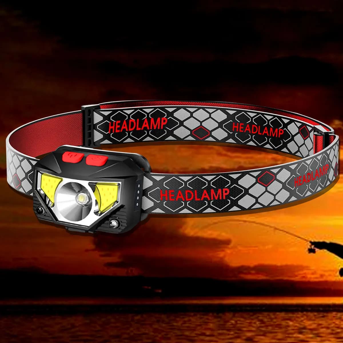Torcia frontale a LED con sensore di movimento per la pesca, USB, luce bianca e rossa, potente, a mani libere