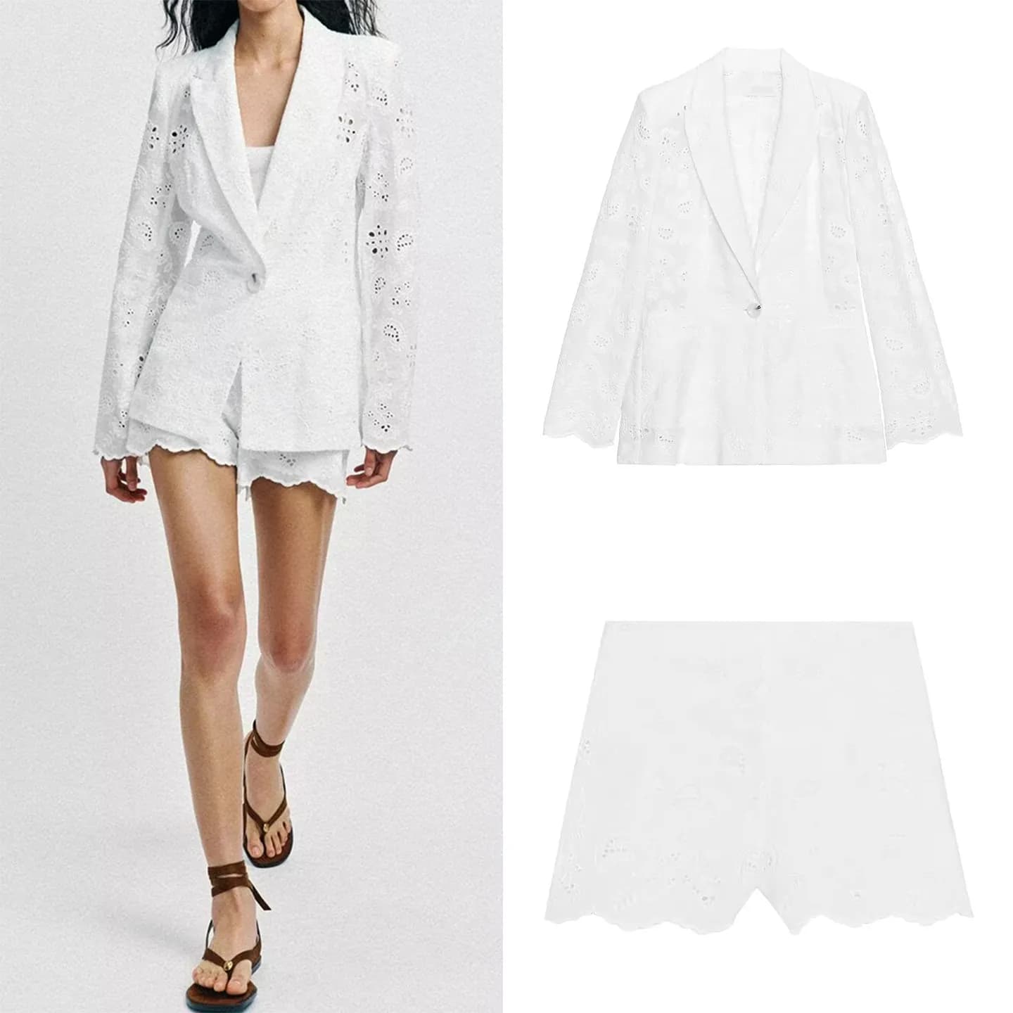 Completo da donna alla moda con giacca a maniche lunghe con spalle imbottite e ricami traforati e pantaloncini a vita alta per la primavera