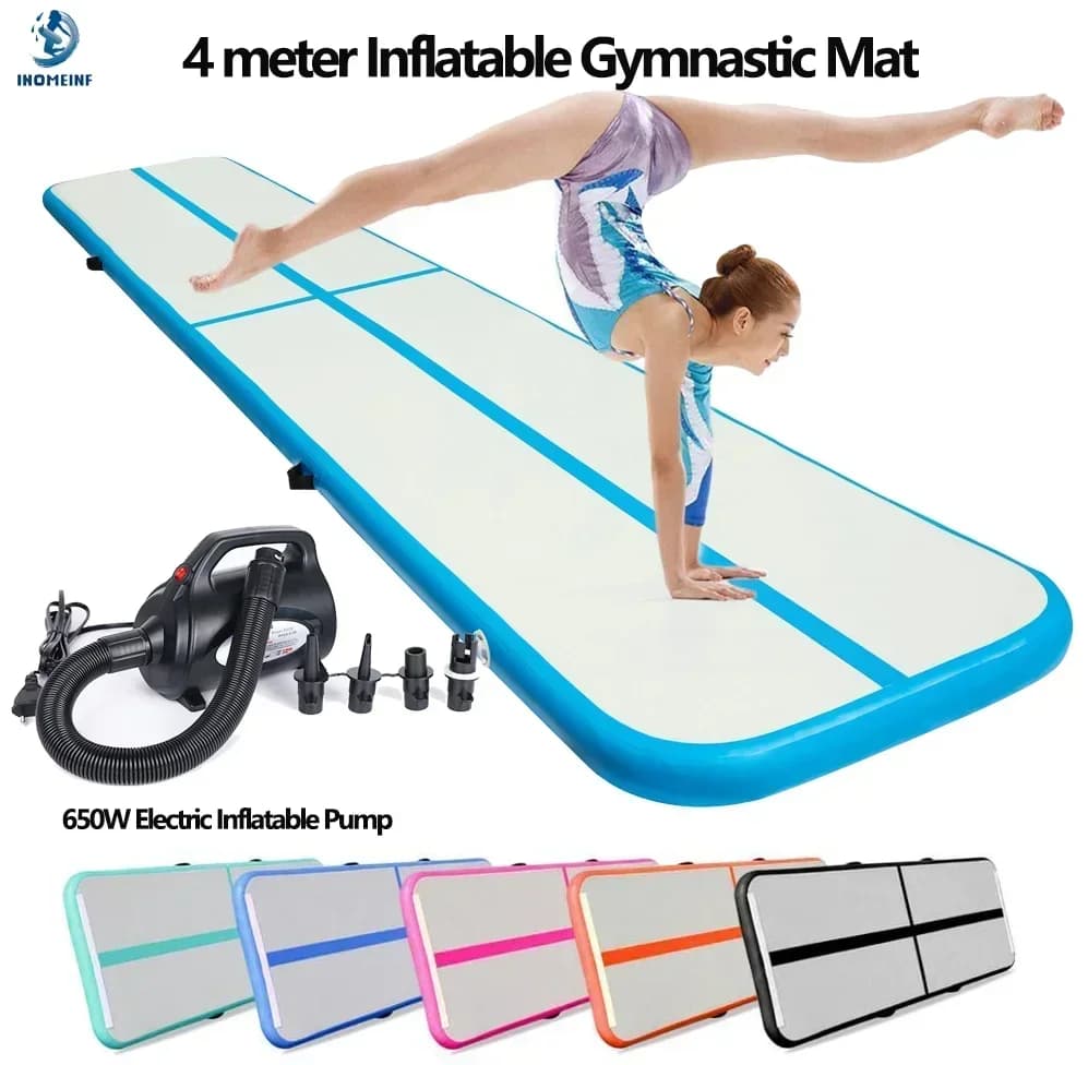Durable 4 meter inflatable floor mattress for gymnastics, yoga mat, home use, professional workout, sports gym mat with pump set