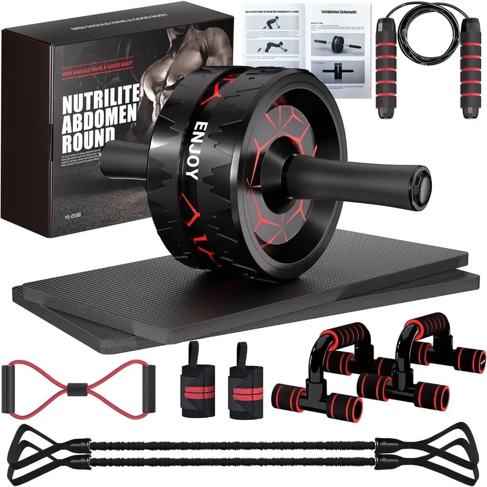 Core Strength Kit: Wheel for Abdominals, Elastic Bands, Support for Knee, Jumping Wheel, Leaning Handle