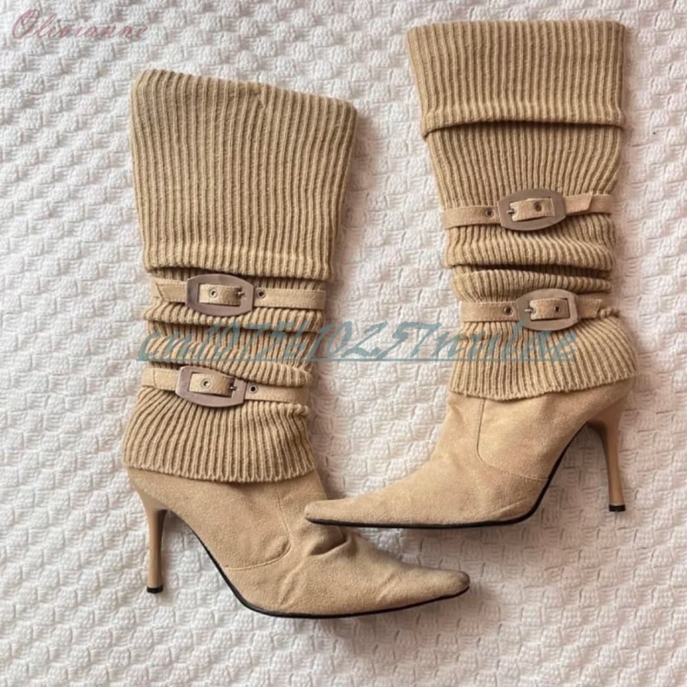 Khaki Lady's Fashion Mid Calf Boots Pointed Toe Buckle Belts Stiletto High Heel Sexy Women Shoes 2025 New Zapatos Para Mujere