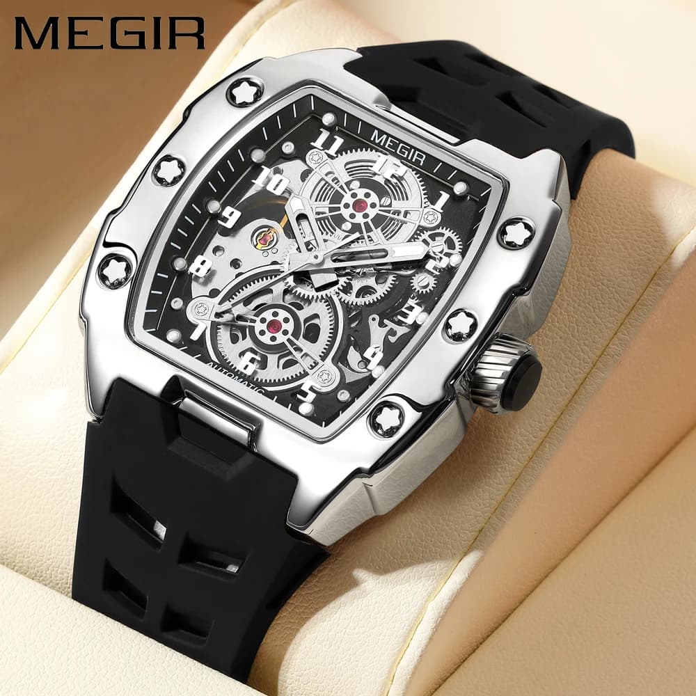 MEGIR Fashion Sport Custodia in lega da uomo Orologio meccanico Cinturino in silicone impermeabile Quadrante a forma di botte Puntatore luminoso Orologi da polso da uomo