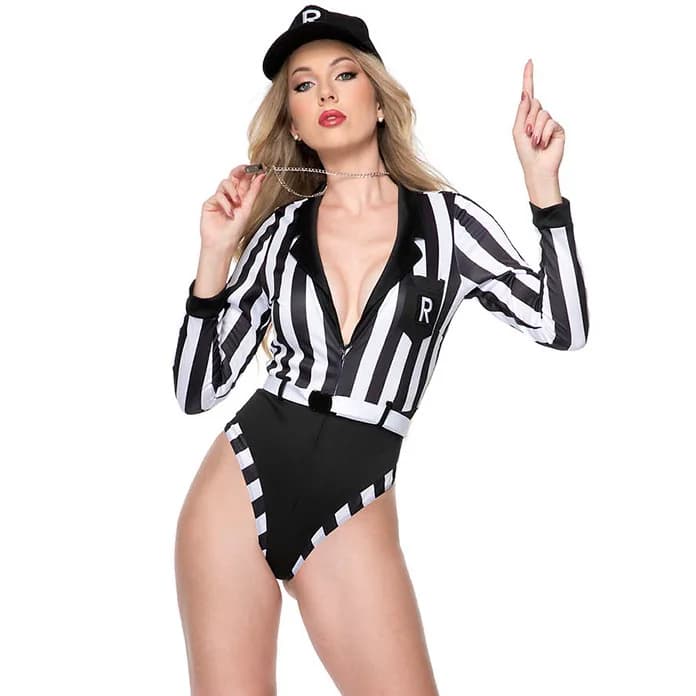 Costume Sexy da Arbitro Femminile per Calcio, Costume da Cheerleader a Righe per Feste e Spettacoli