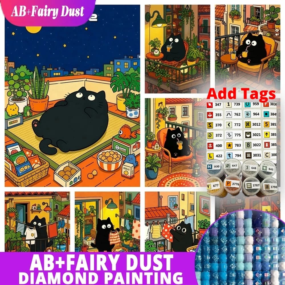 AB Fairy Dust Cartoon Diamond Mosaic Kitten Window Full Square Round Painting Picture Embroidery Kit Wall Decor Gift