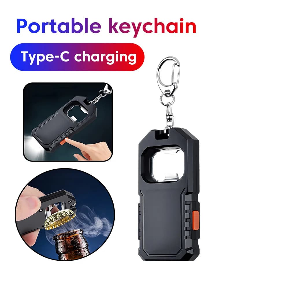 Torcia Portachiavi Multifunzione, Ricaricabile USB-C, Luce LED di Emergenza, Lampada Tascabile per Campeggio e Passeggiate con Apribottiglie