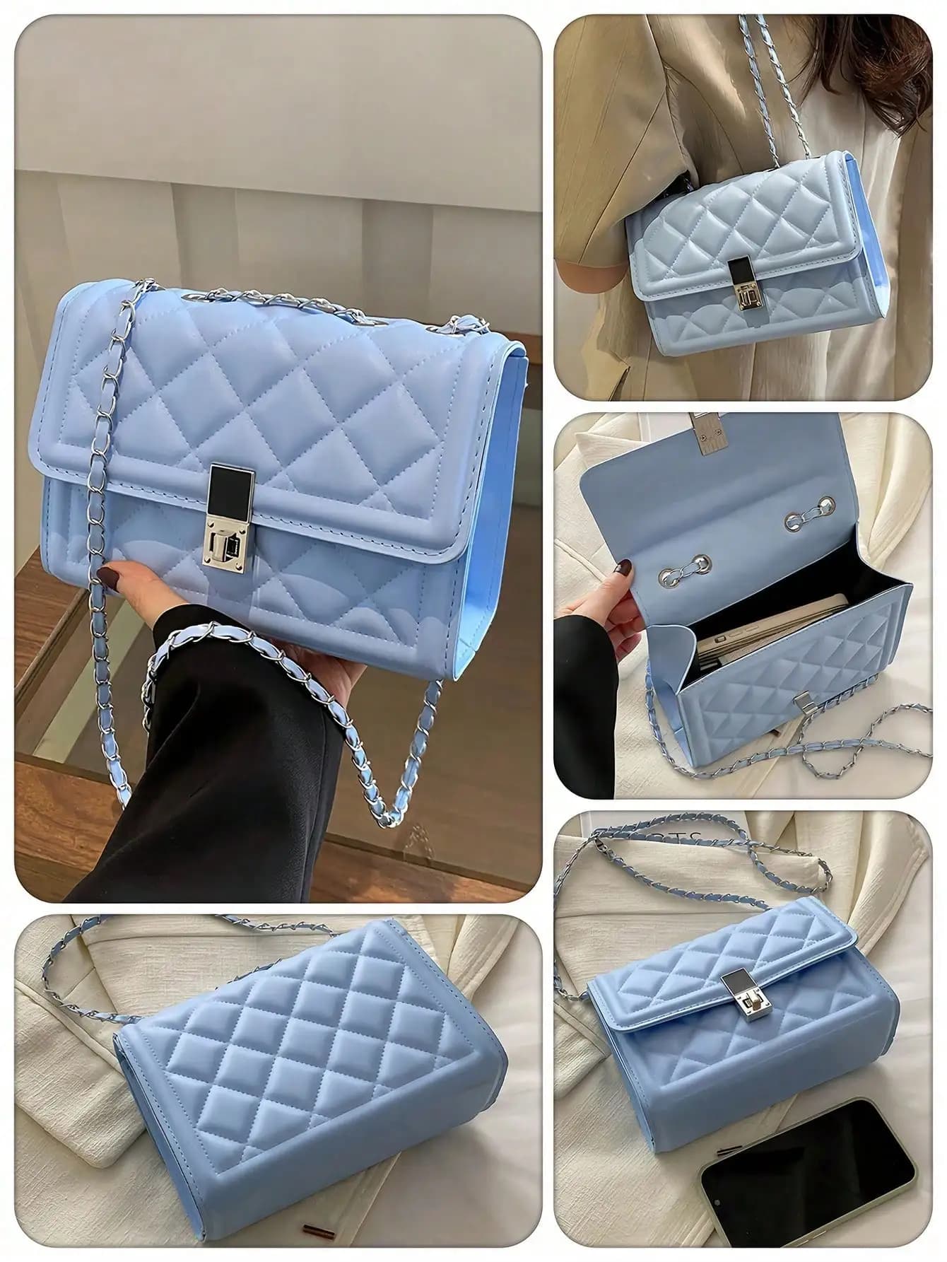 Borsa a tracolla trapuntata quadrata alla moda in tinta unita con catena, borsa da sera versatile, nuova borsa a tracolla leggera, adatta per il pendolarismo quotidiano, ideale per impiegati e studenti, borsa a tracolla casual per telefono, monete e rossetto