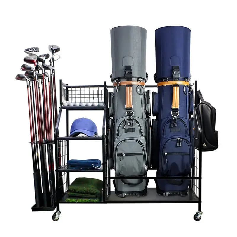 Porta mazze da golf, porta sacche da golf, espositore multifunzionale per attrezzi e palline, con sistema di spostamento per l'intero set di supporti fissi