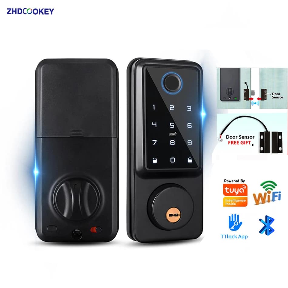 Serratura intelligente con catenaccio con chiave per scheda IC con password per impronte digitali APP, serratura per porta d'ingresso senza chiave con TTlock o Tuya Wifi, codici da 100 utenti